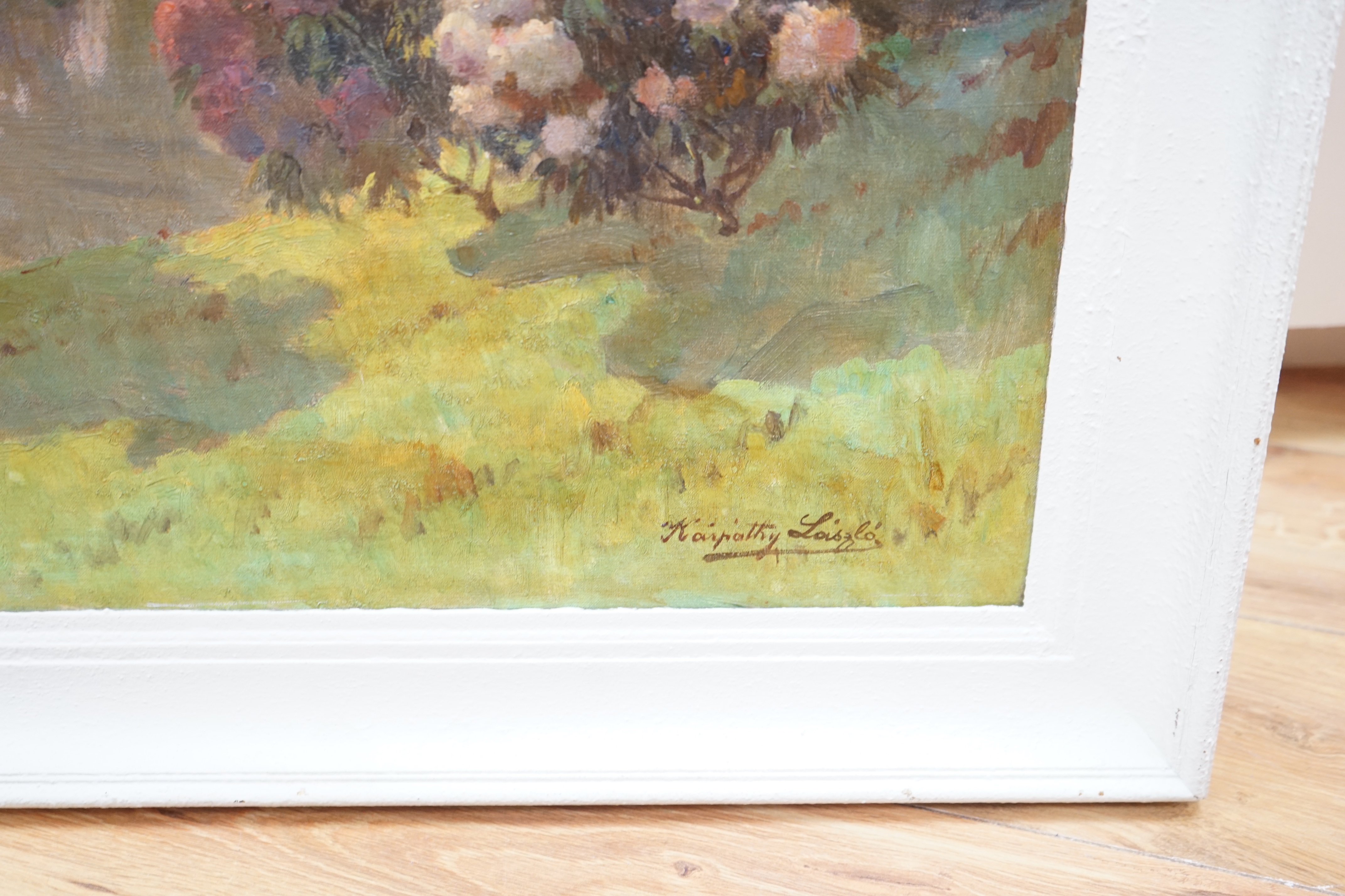 Impressionist oil on canvas, Lakeside landscape with flowers, indistinctly signed, 79 x 59cm